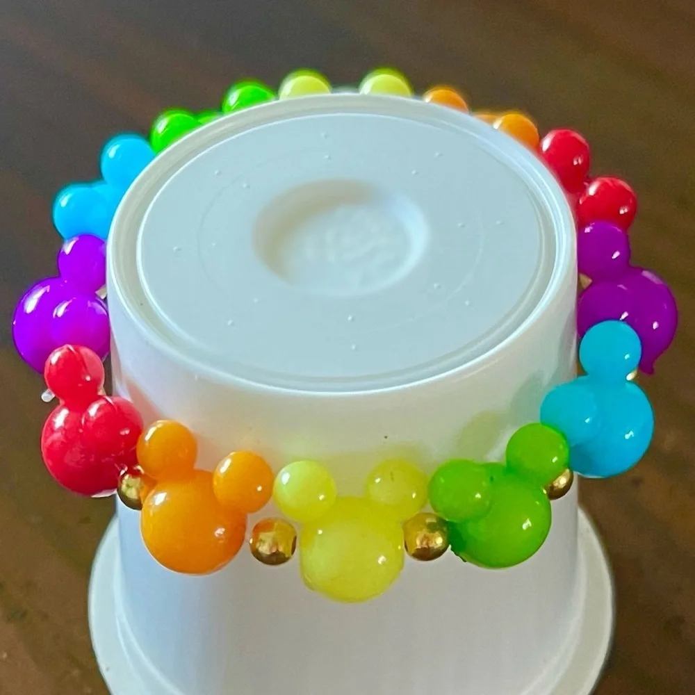 Stretch Bracelet w/ Rainbow Mickey Mouse Charms & Gold Beads!